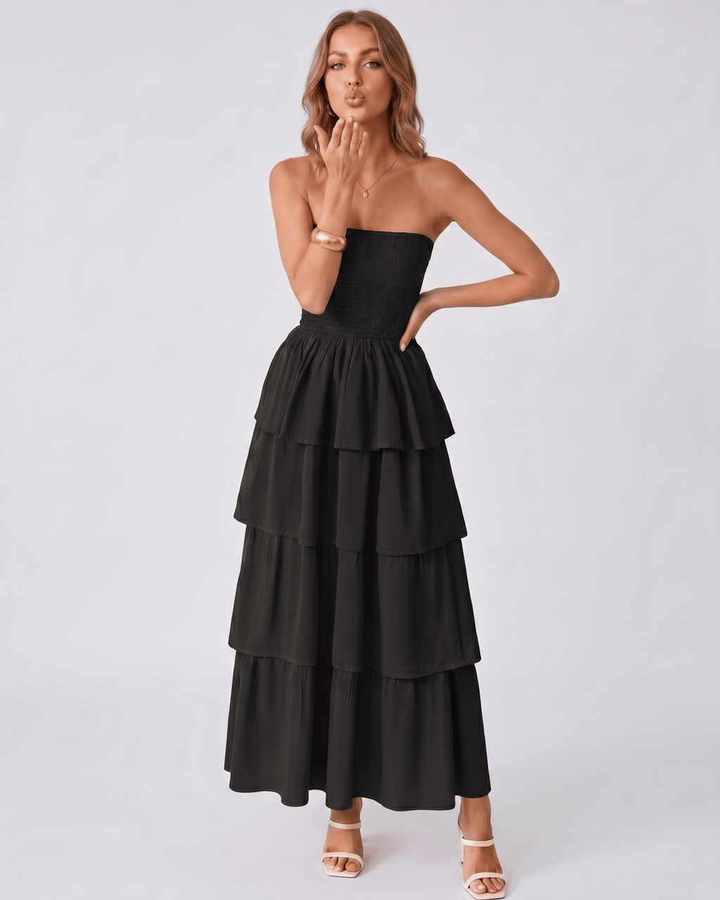 Solenne Maxi Dress by Lauven — lightweight sleeveless strapless tiered maxi dress