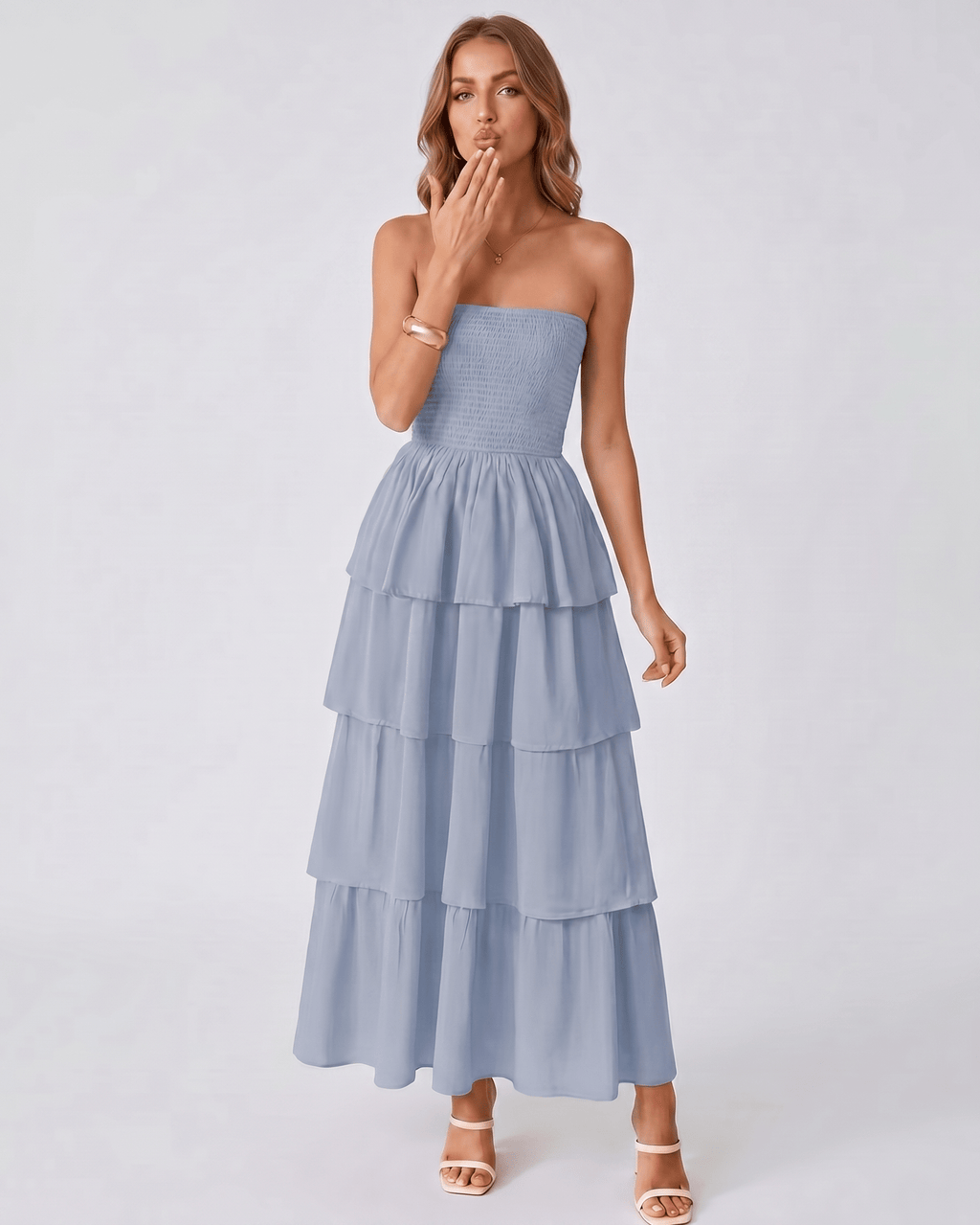 Solenne Maxi Dress by Lauven — lightweight sleeveless strapless tiered maxi dress