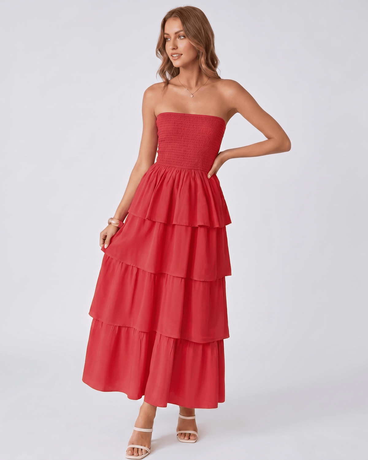 Solenne Maxi Dress by Lauven — lightweight sleeveless strapless tiered maxi dress
