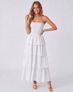 Solenne Maxi Dress by Lauven — lightweight sleeveless strapless tiered maxi dress