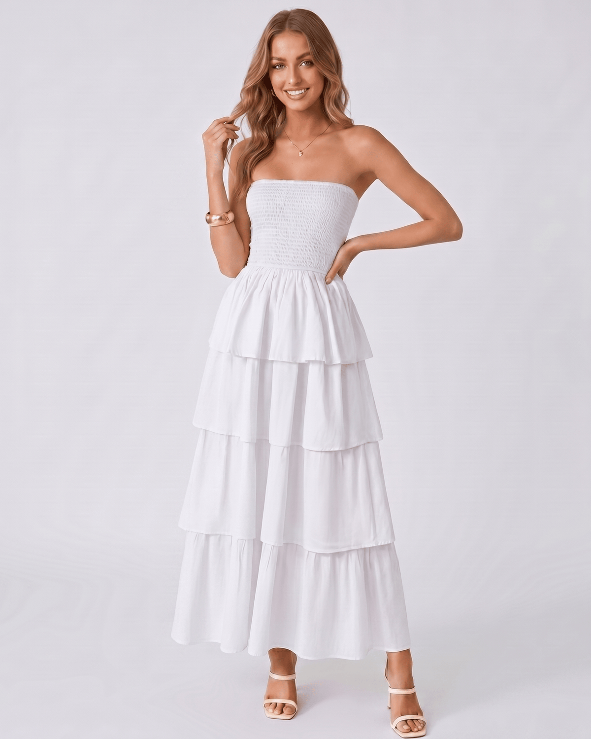 Solenne Maxi Dress by Lauven — lightweight sleeveless strapless tiered maxi dress