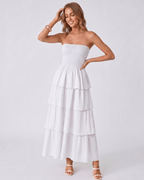 Solenne Maxi Dress by Lauven — lightweight sleeveless strapless tiered maxi dress