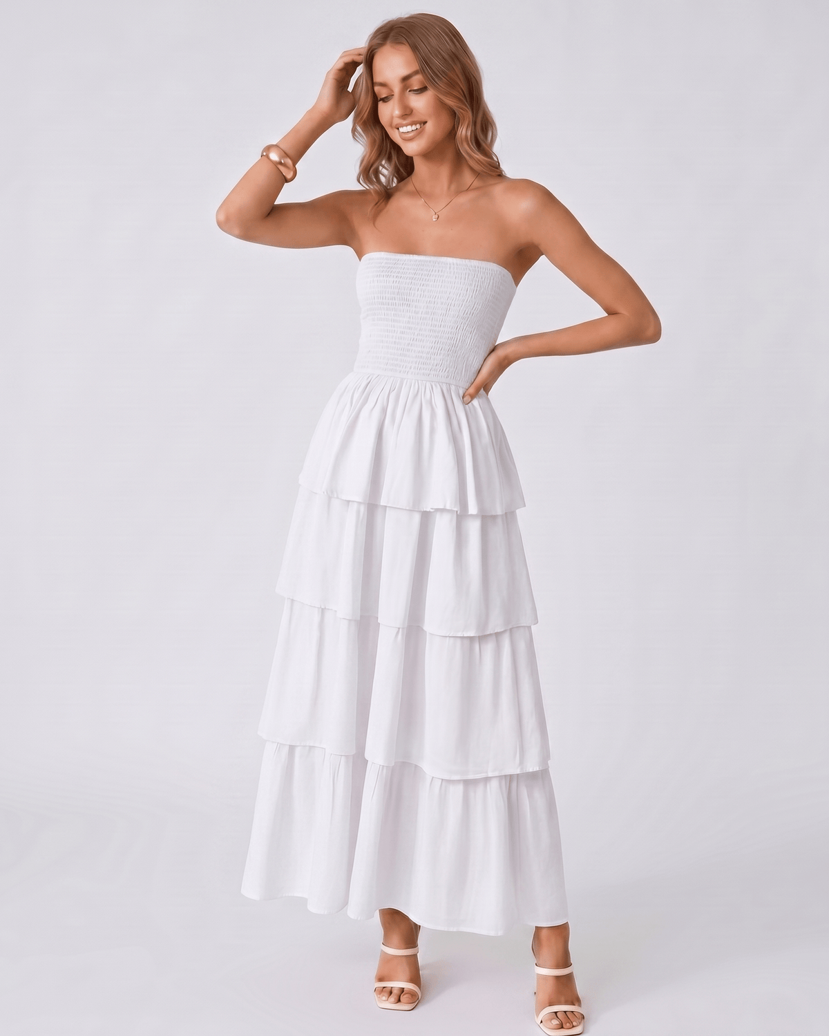 Solenne Maxi Dress by Lauven — lightweight sleeveless strapless tiered maxi dress