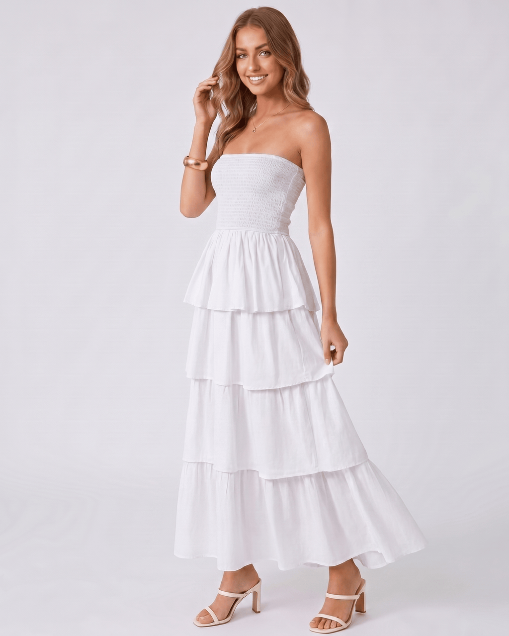 Solenne Maxi Dress by Lauven — lightweight sleeveless strapless tiered maxi dress