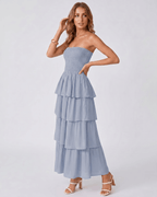 Solenne Maxi Dress by Lauven — lightweight sleeveless strapless tiered maxi dress