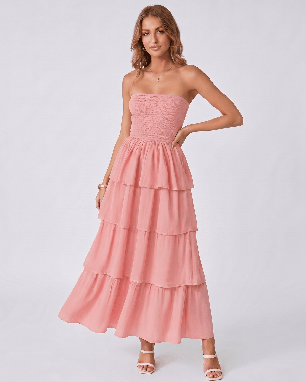 Solenne Maxi Dress by Lauven — lightweight sleeveless strapless tiered maxi dress