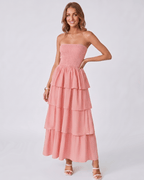Solenne Maxi Dress by Lauven — lightweight sleeveless strapless tiered maxi dress