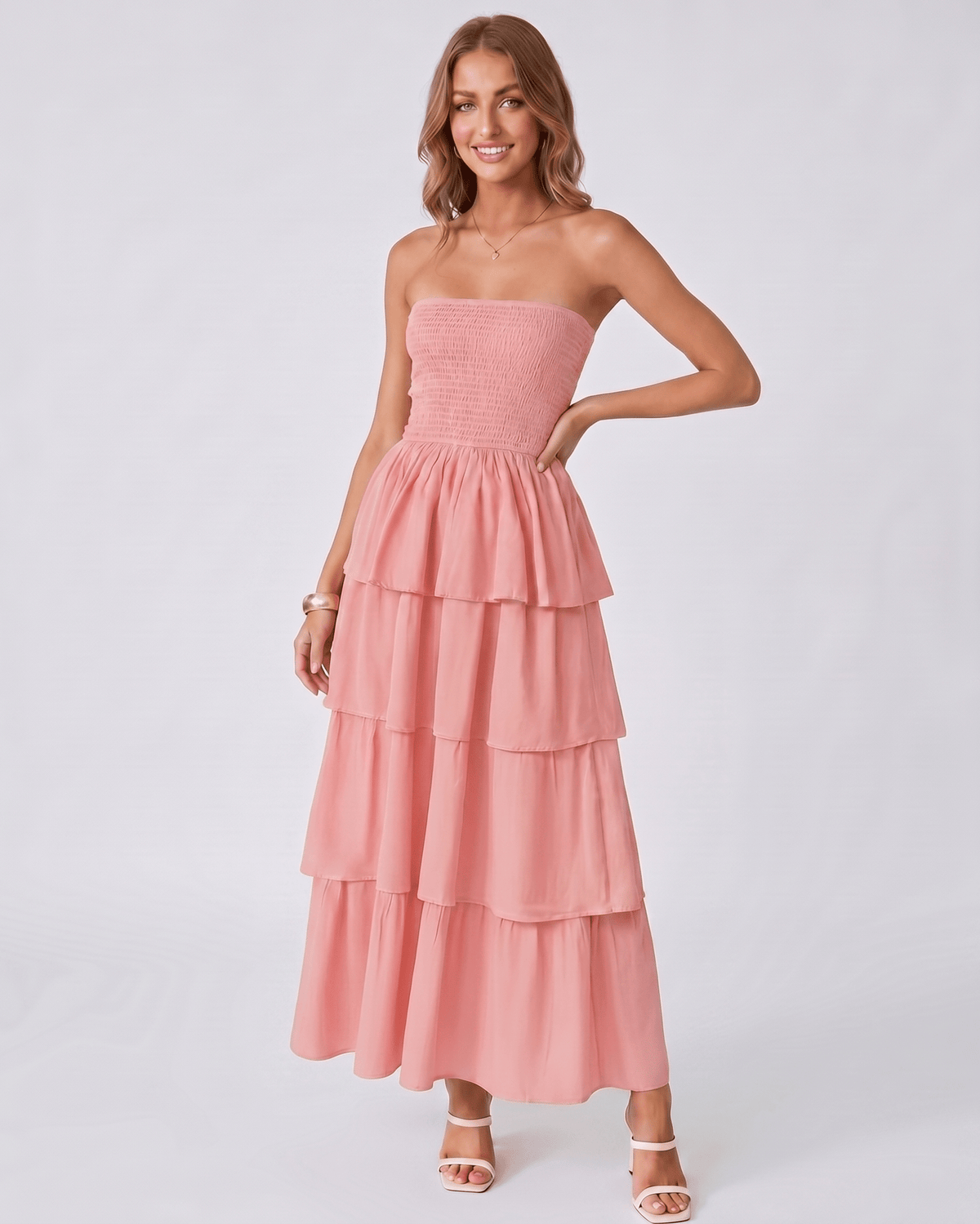 Solenne Maxi Dress by Lauven — lightweight sleeveless strapless tiered maxi dress
