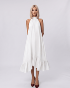 Veloura Midi Dress by Lauven — white chiffon sleeveless high halter neck loose swing midi dress