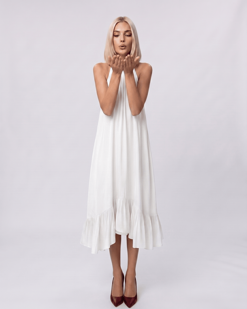 Veloura Midi Dress by Lauven — chiffon sleeveless high halter neck loose swing midi dress