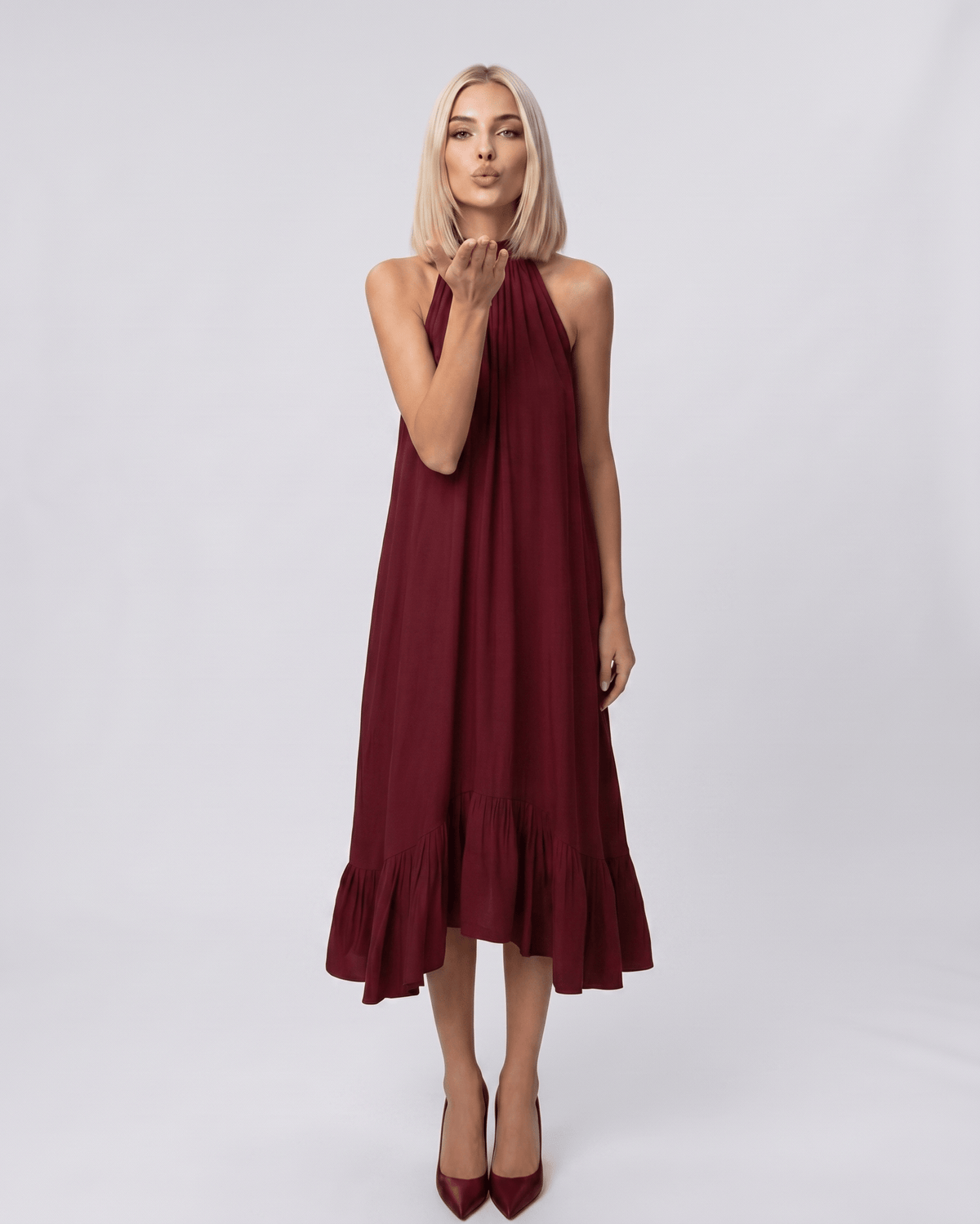 Veloura Midi Dress by Lauven — chiffon sleeveless high halter neck loose swing midi dress