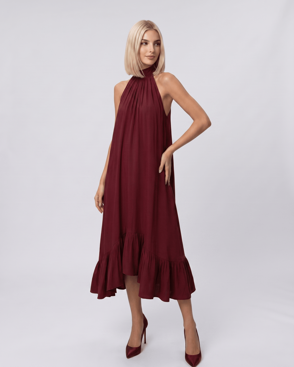 Veloura Midi Dress by Lauven — chiffon sleeveless high halter neck loose swing midi dress