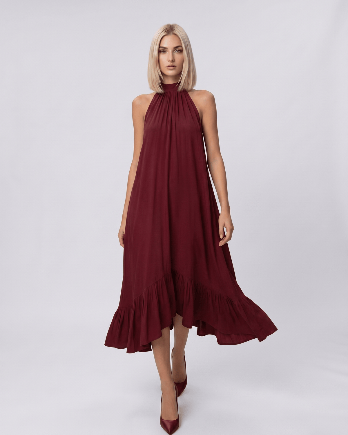 Veloura Midi Dress by Lauven — chiffon sleeveless high halter neck loose swing midi dress