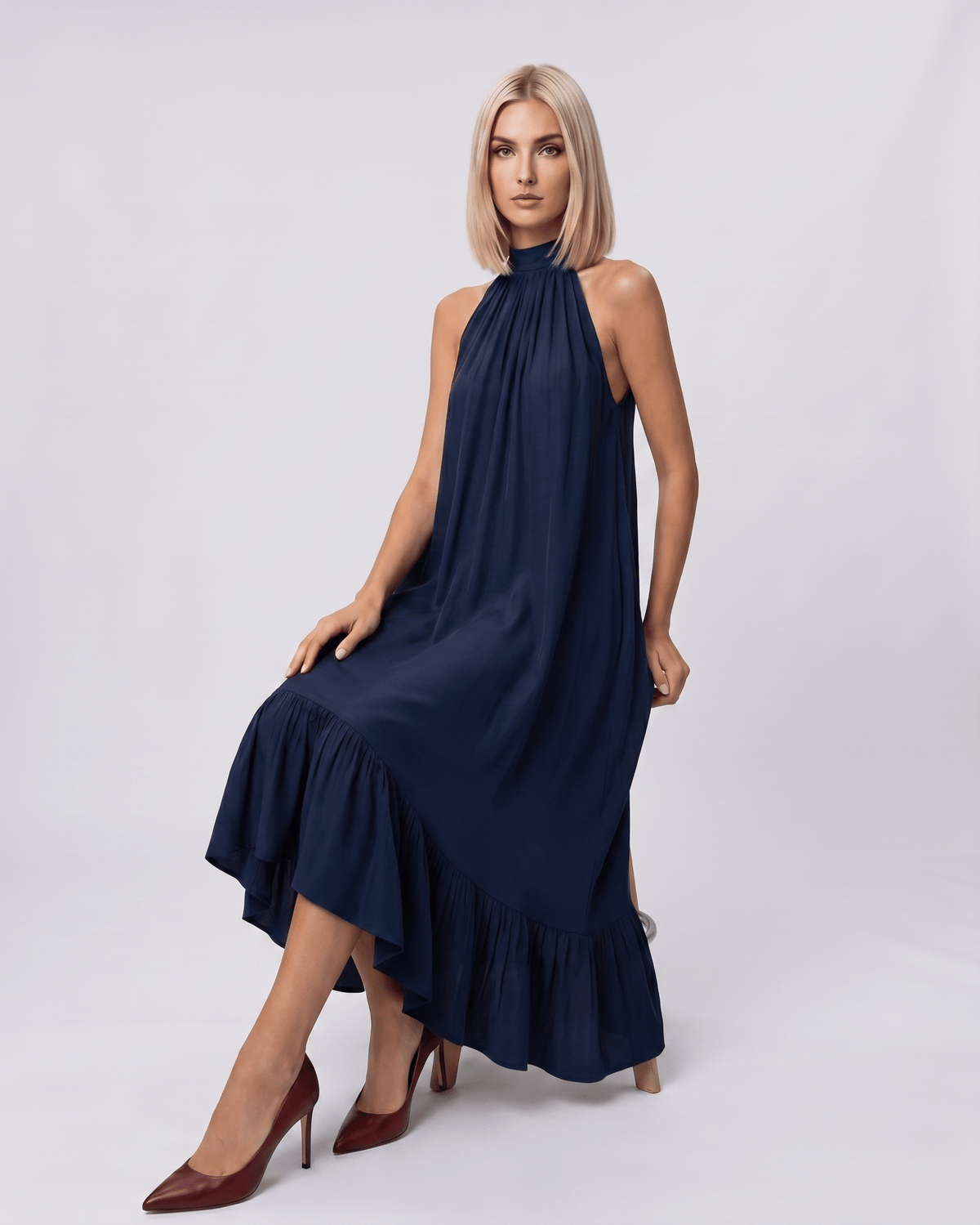 Veloura Midi Dress by Lauven — chiffon sleeveless high halter neck loose swing midi dress
