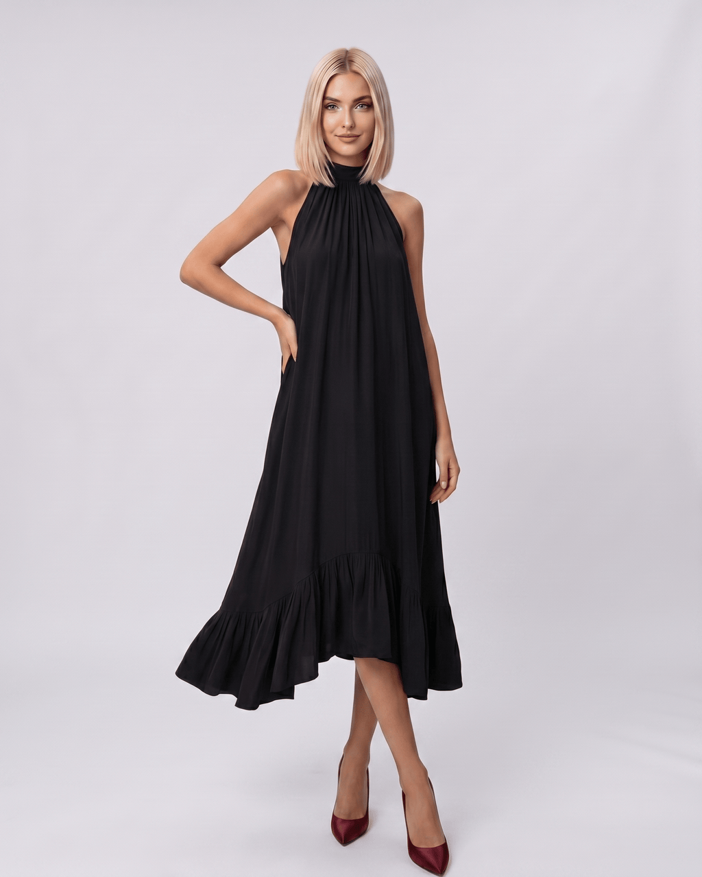 Veloura Midi Dress by Lauven — chiffon sleeveless high halter neck loose swing midi dress