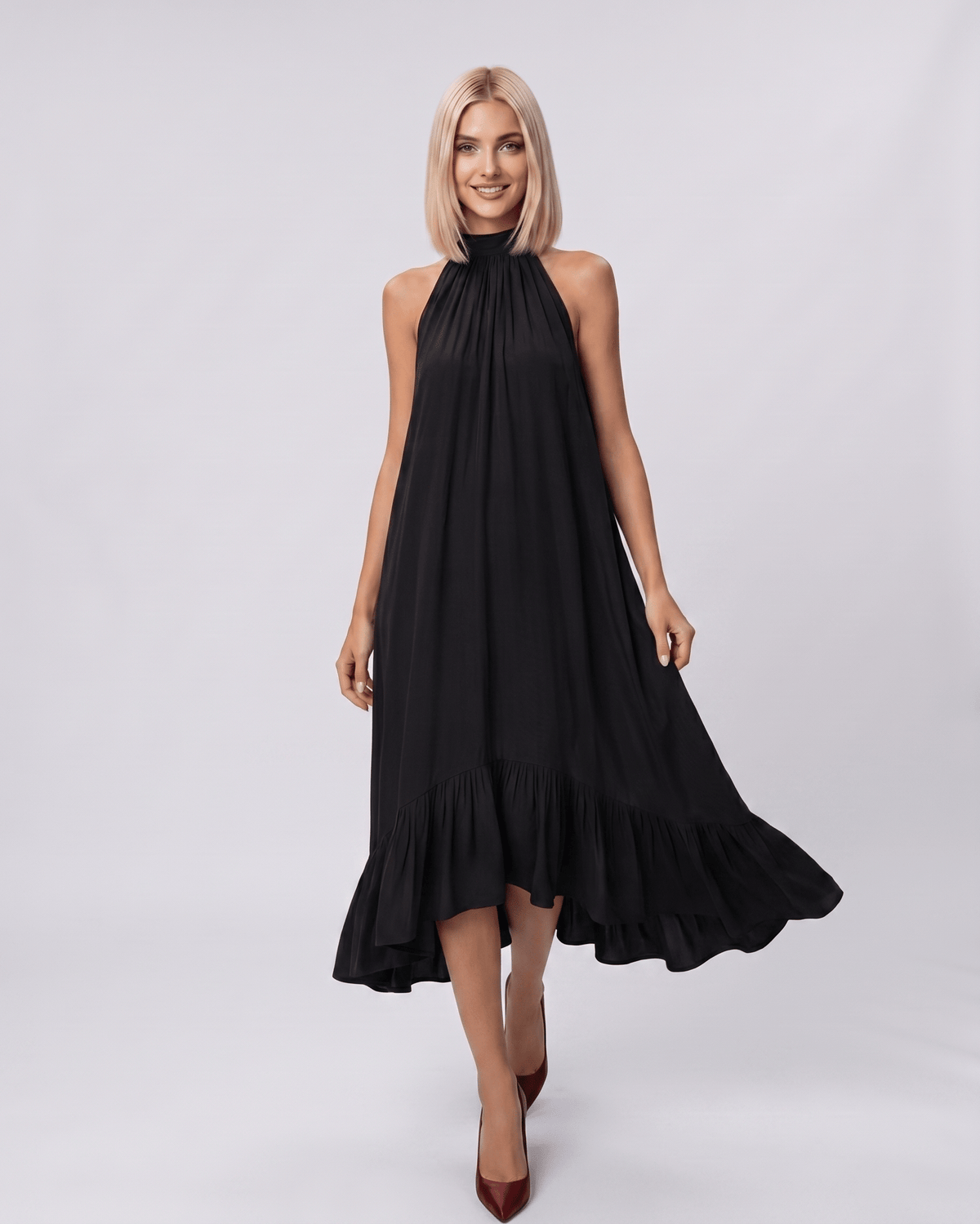 Veloura Midi Dress by Lauven — chiffon sleeveless high halter neck loose swing midi dress