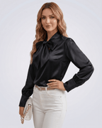 Veloura Blouse by Lauven — women’s satin bow tie neck blouse with long sleeves