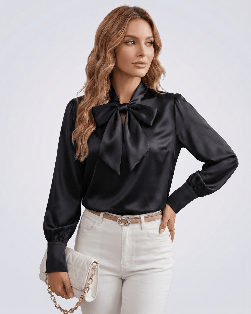 Veloura Blouse by Lauven — women’s satin bow tie neck blouse with long sleeves