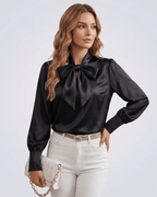 Veloura Blouse by Lauven — women’s satin bow tie neck blouse with long sleeves