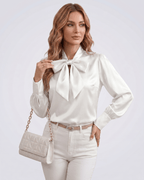 Veloura Blouse by Lauven — women’s satin bow tie neck blouse with long sleeves