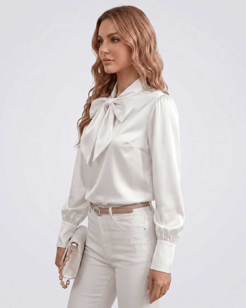 Veloura Blouse by Lauven — women’s satin bow tie neck blouse with long sleeves