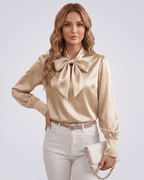 Veloura Blouse by Lauven — women’s satin bow tie neck blouse with long sleeves