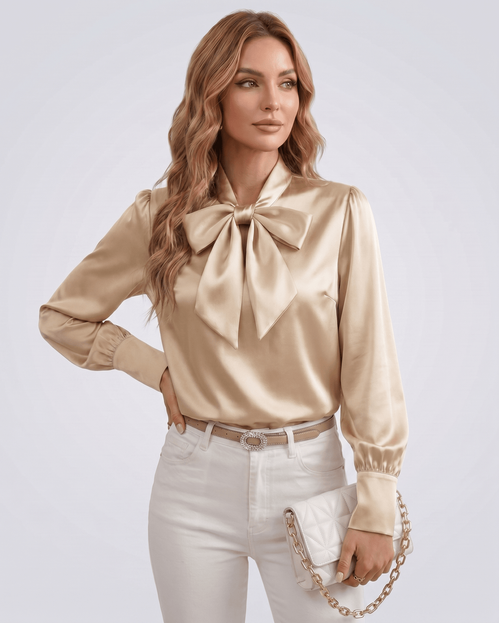 Veloura Blouse by Lauven — women’s satin bow tie neck blouse with long sleeves