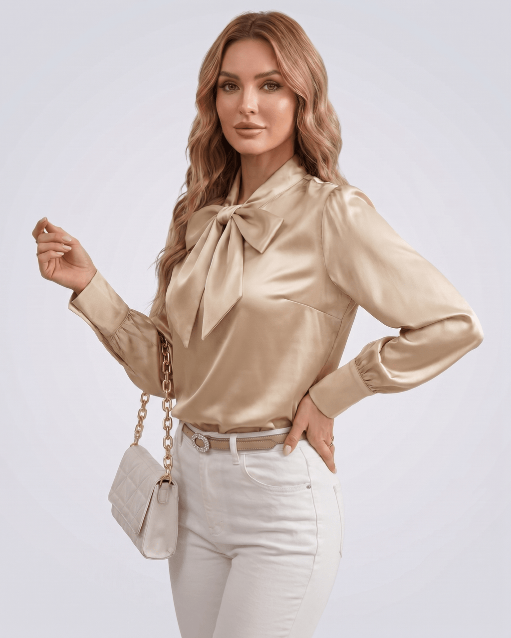 Veloura Blouse by Lauven — women’s satin bow tie neck blouse with long sleeves