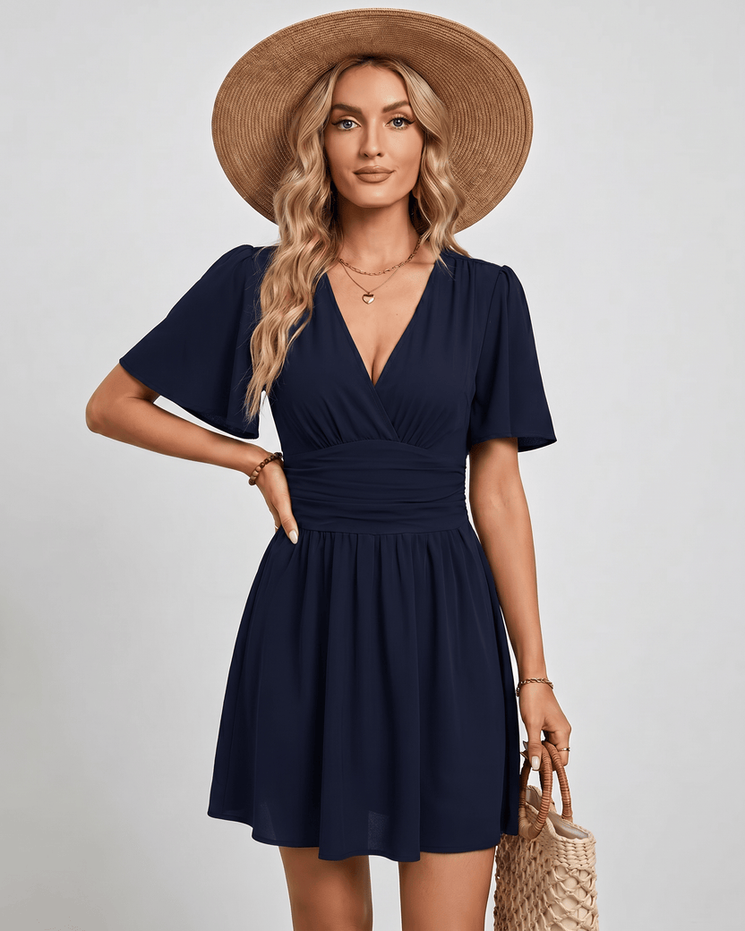 Calista Mini Dress by Lauven — navy chiffon ruffled short sleeve V-neck A-line mini dress