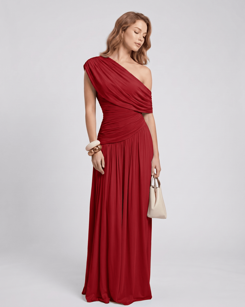 Veloura Maxi Dress by Lauven — red stretch jersey sleeveless one-shoulder draped maxi dress