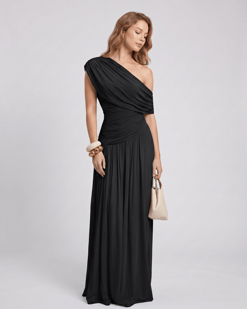 Veloura Maxi Dress by Lauven — black stretch jersey sleeveless one-shoulder draped maxi dress