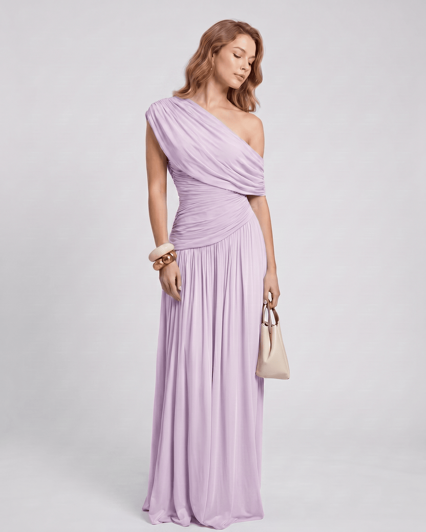 Veloura Maxi Dress by Lauven — lilac stretch jersey sleeveless one-shoulder draped maxi dress