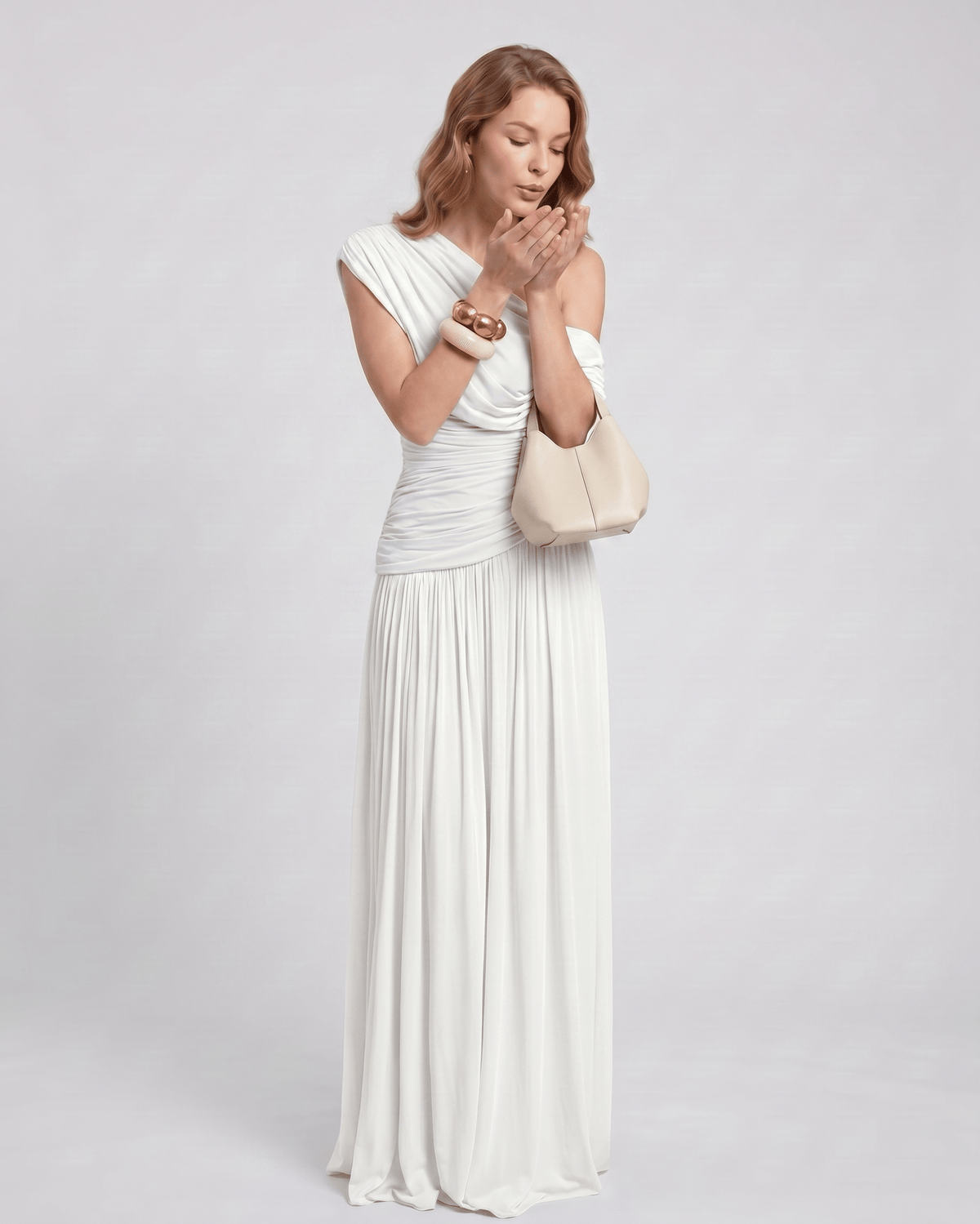 Veloura Maxi Dress by Lauven — stretch jersey sleeveless one-shoulder draped maxi dress