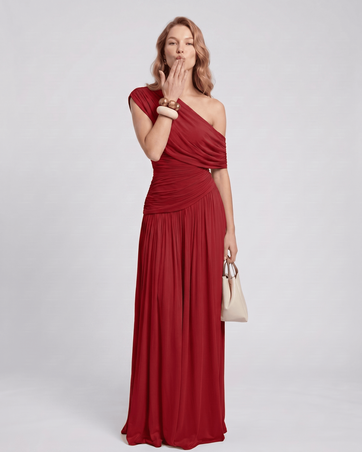 Veloura Maxi Dress by Lauven — stretch jersey sleeveless one-shoulder draped maxi dress