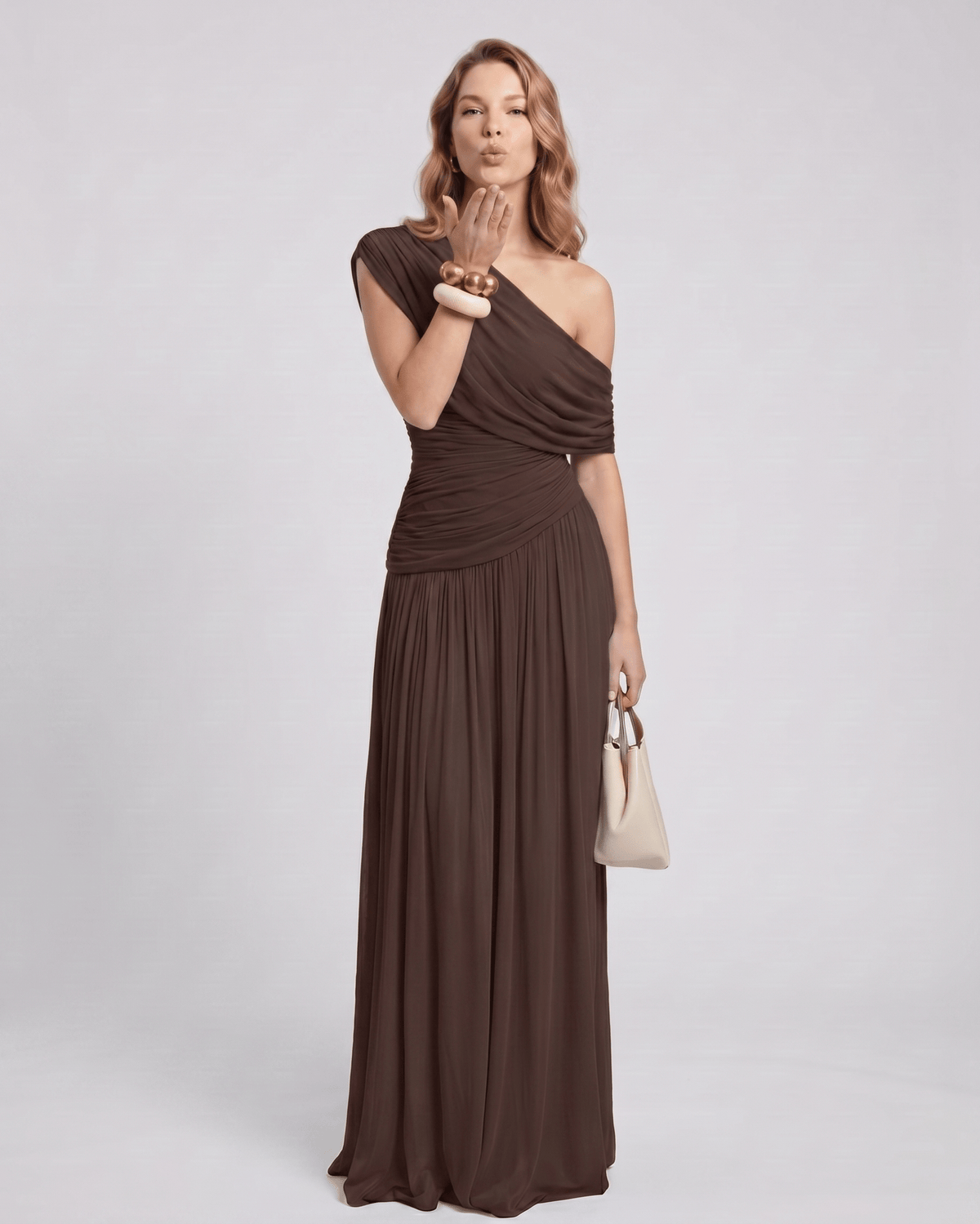 Veloura Maxi Dress by Lauven — stretch jersey sleeveless one-shoulder draped maxi dress