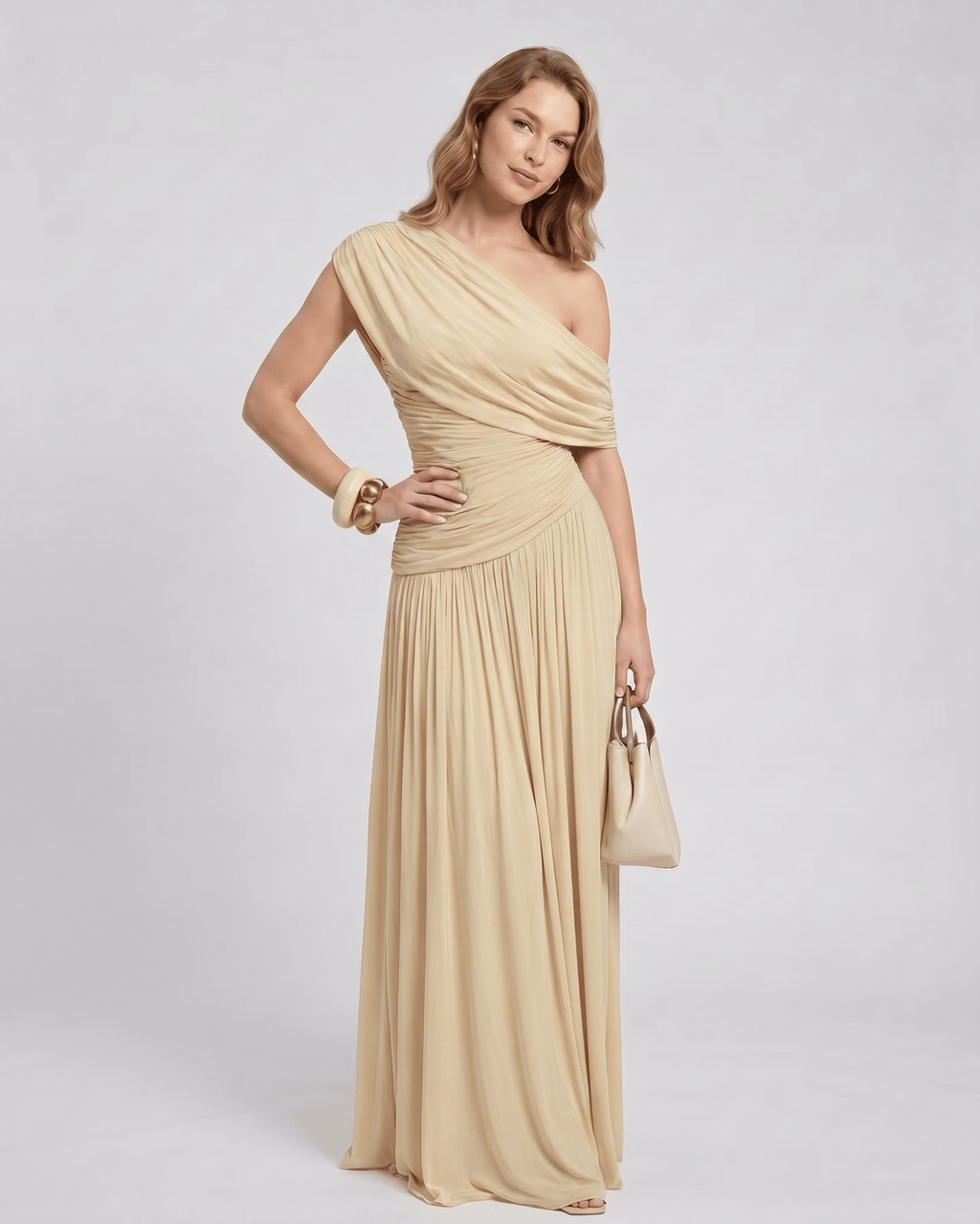 Veloura Maxi Dress by Lauven — stretch jersey sleeveless one-shoulder draped maxi dress