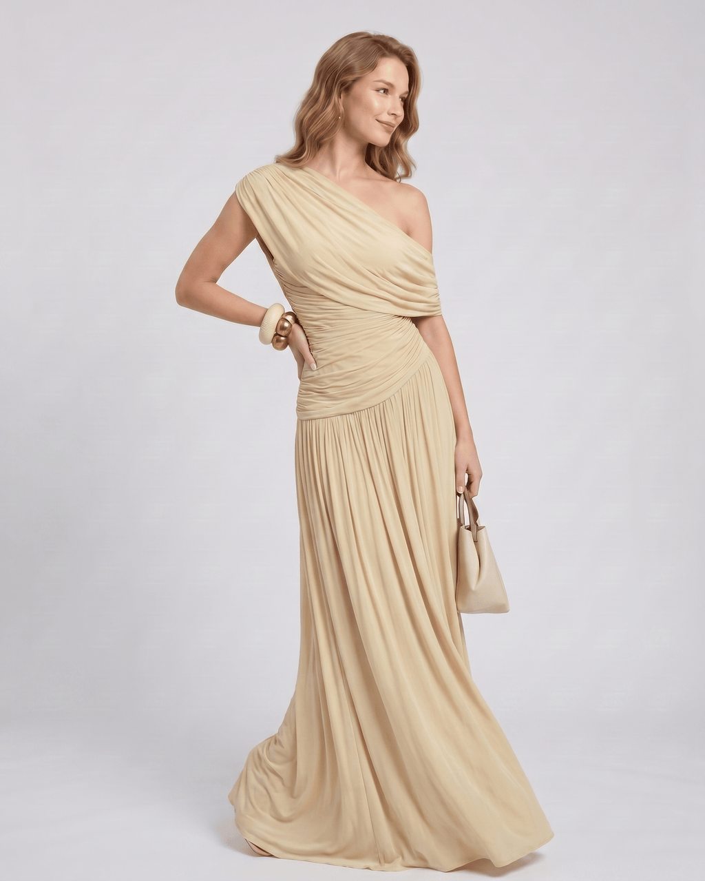 Veloura Maxi Dress by Lauven — stretch jersey sleeveless one-shoulder draped maxi dress