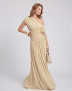 Veloura Maxi Dress by Lauven — stretch jersey sleeveless one-shoulder draped maxi dress