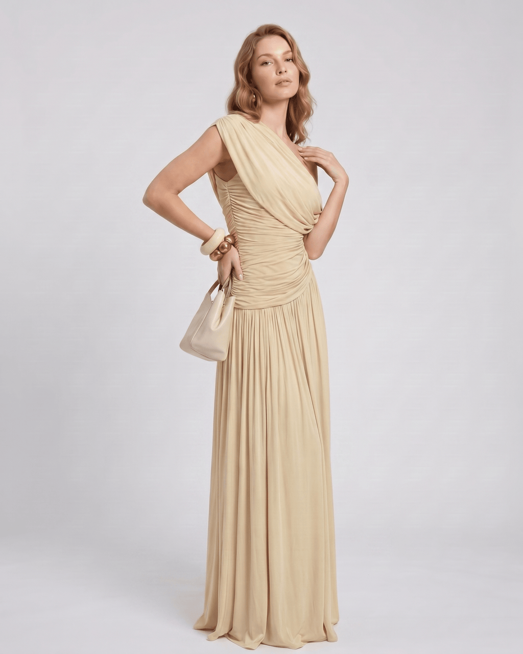 Veloura Maxi Dress by Lauven — stretch jersey sleeveless one-shoulder draped maxi dress