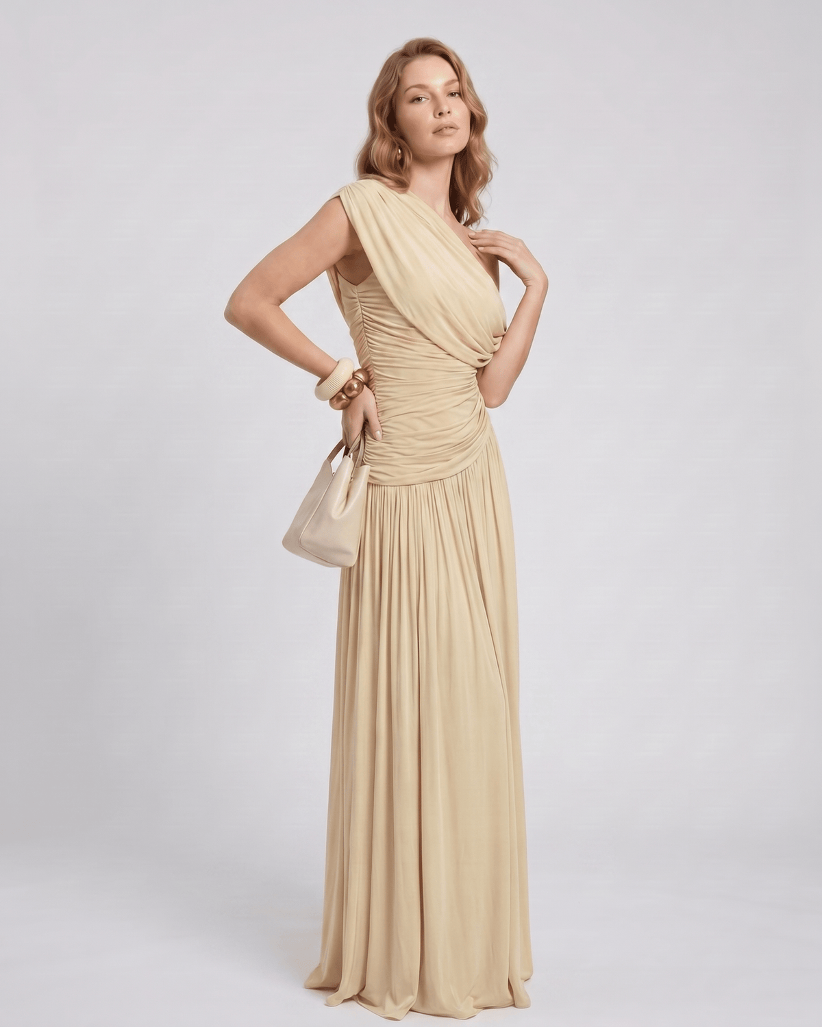 Veloura Maxi Dress by Lauven — stretch jersey sleeveless one-shoulder draped maxi dress