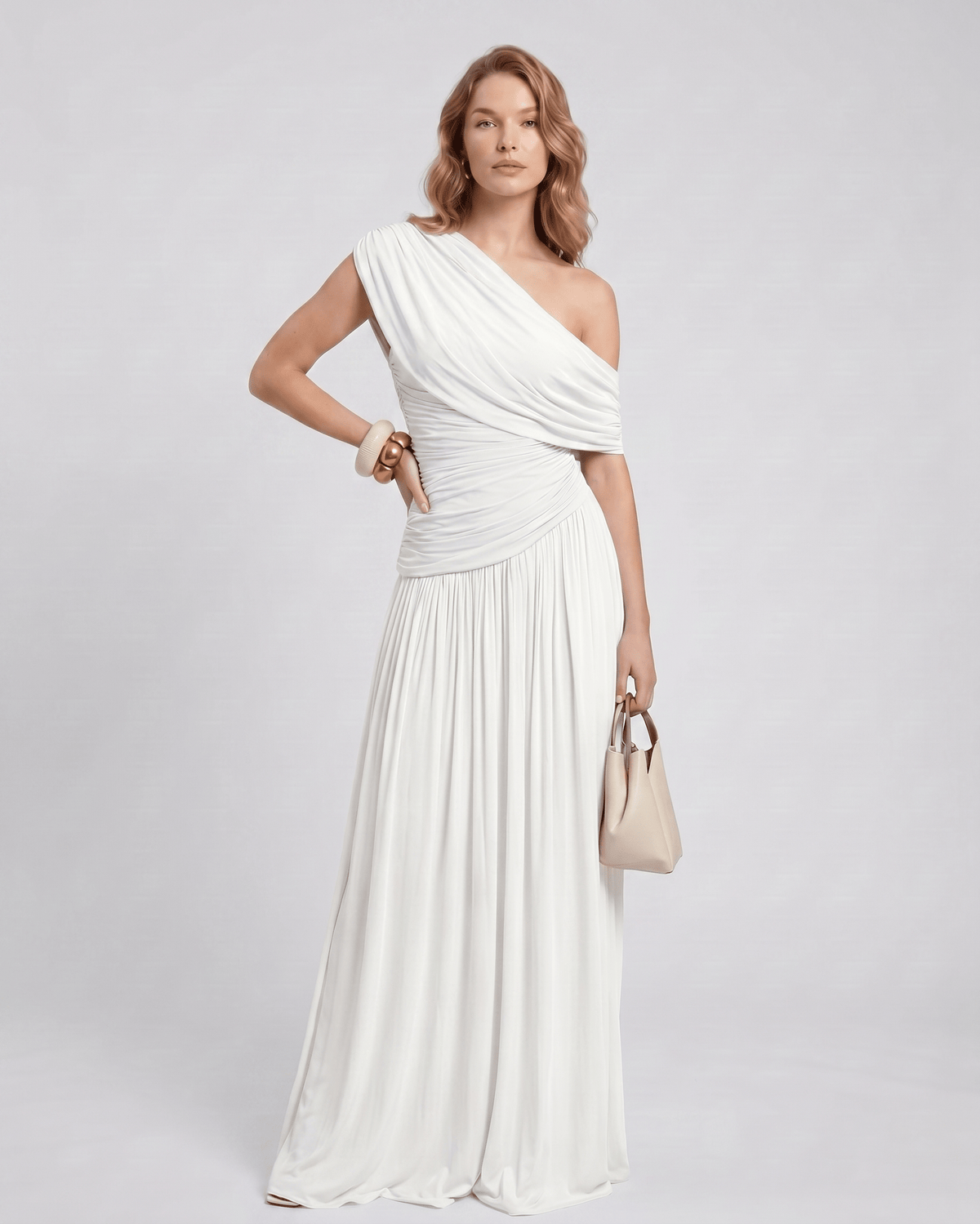 Veloura Maxi Dress by Lauven — stretch jersey sleeveless one-shoulder draped maxi dress