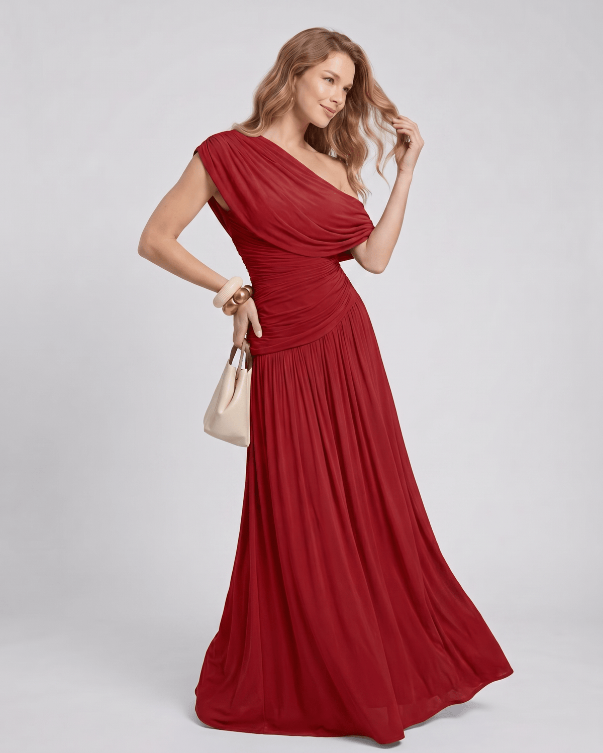 Veloura Maxi Dress by Lauven — stretch jersey sleeveless one-shoulder draped maxi dress