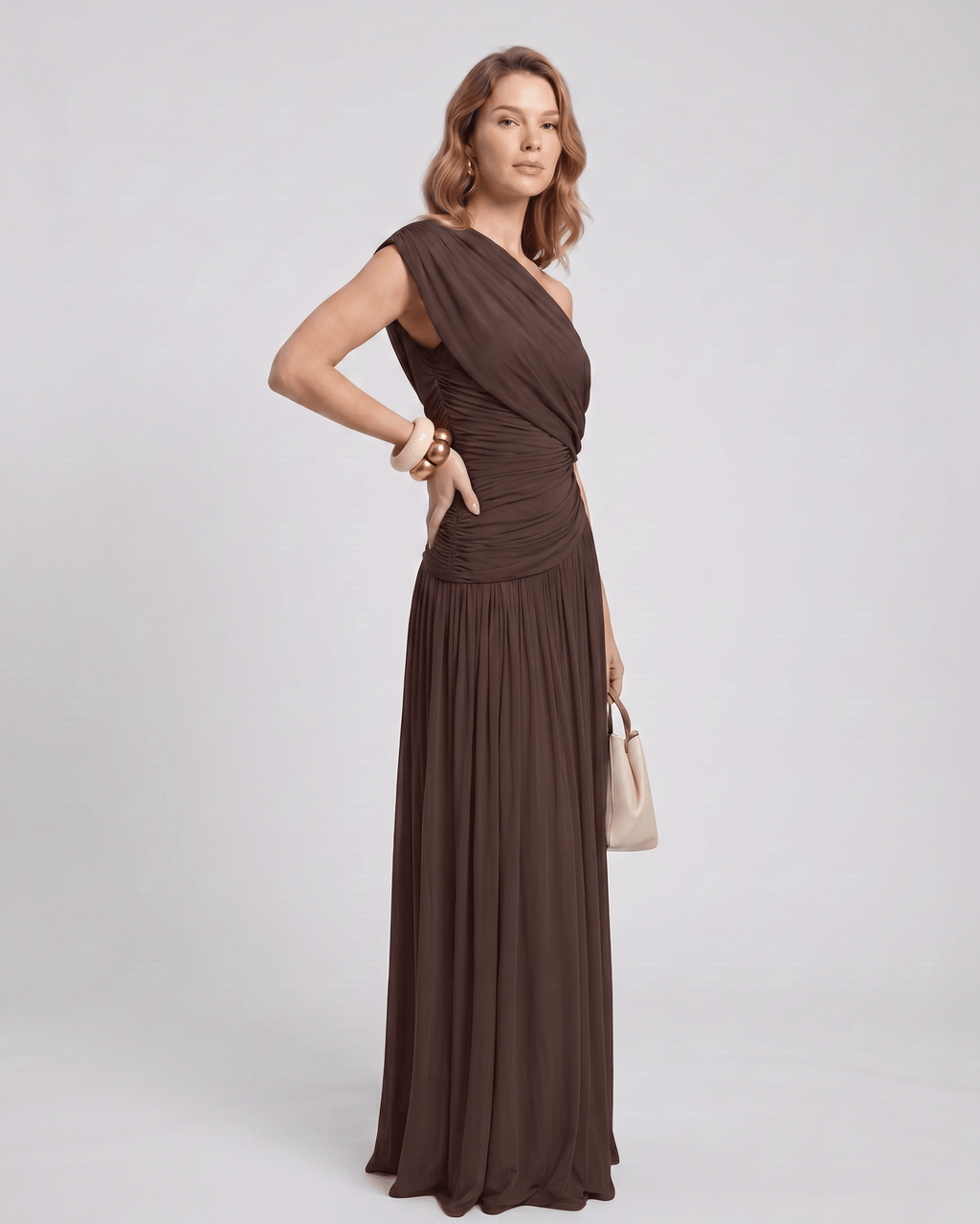 Veloura Maxi Dress by Lauven — stretch jersey sleeveless one-shoulder draped maxi dress