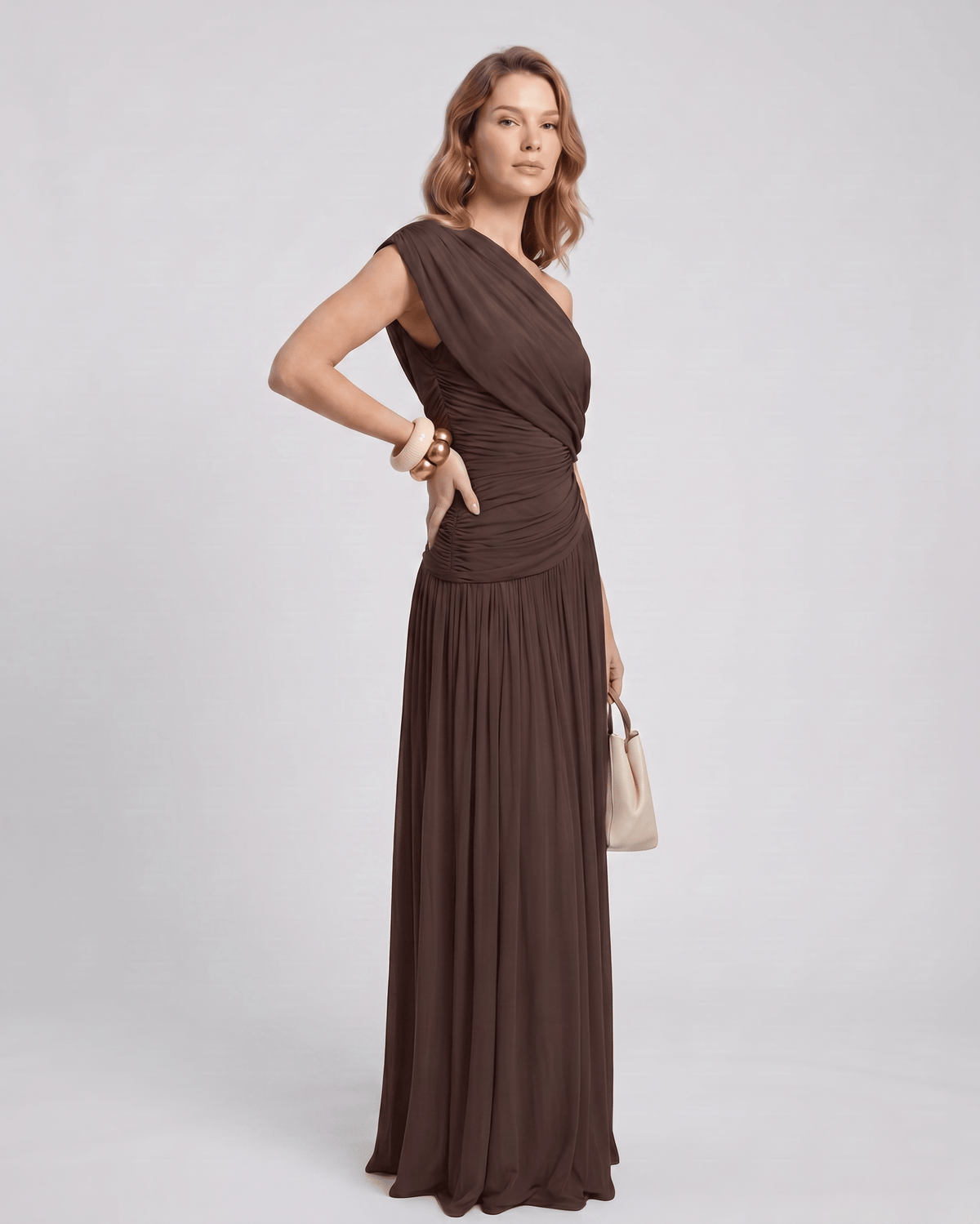 Veloura Maxi Dress by Lauven — stretch jersey sleeveless one-shoulder draped maxi dress