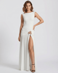Lunessa Maxi Dress by Lauven — white stretch jersey sleeveless boat neck draped maxi dress