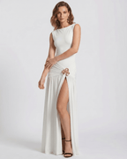 Lunessa Maxi Dress by Lauven — stretch jersey sleeveless boat neck draped maxi dress