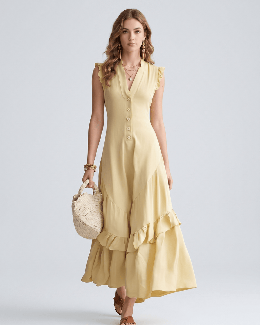 Seralyn Maxi Dress by Lauven — yellow chiffon blend sleeveless V-neck A-line maxi dress