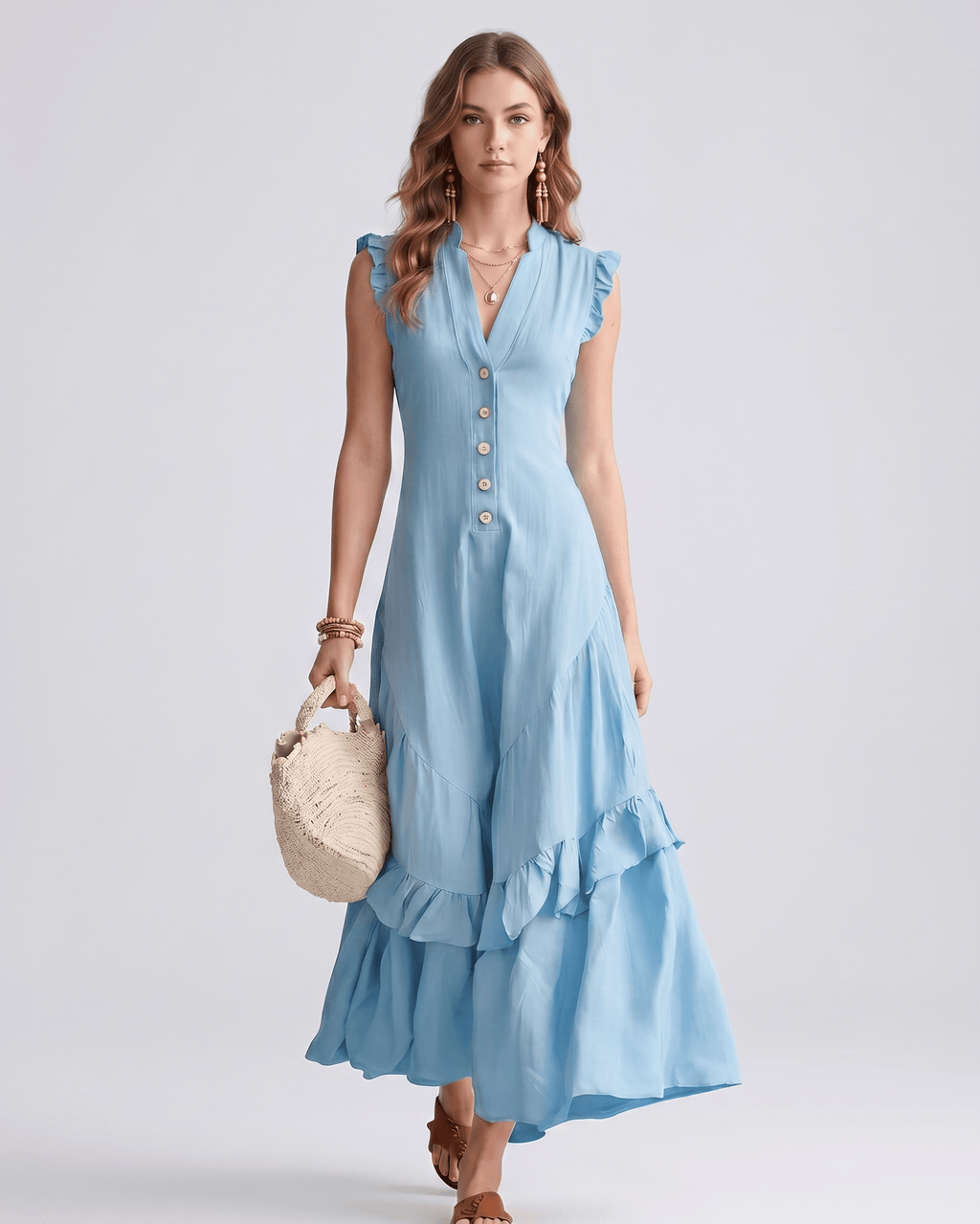 Seralyn Maxi Dress by Lauven — blue chiffon blend sleeveless V-neck A-line maxi dress