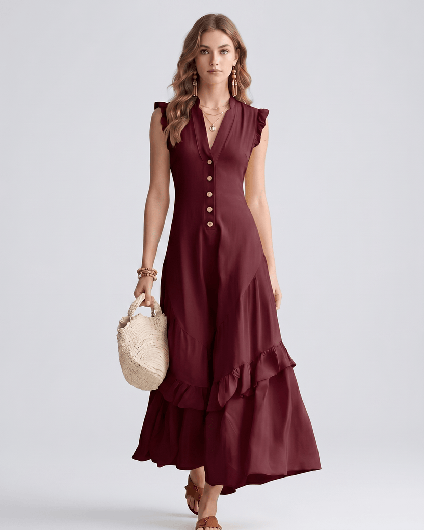 Seralyn Maxi Dress by Lauven — red chiffon blend sleeveless V-neck A-line maxi dress