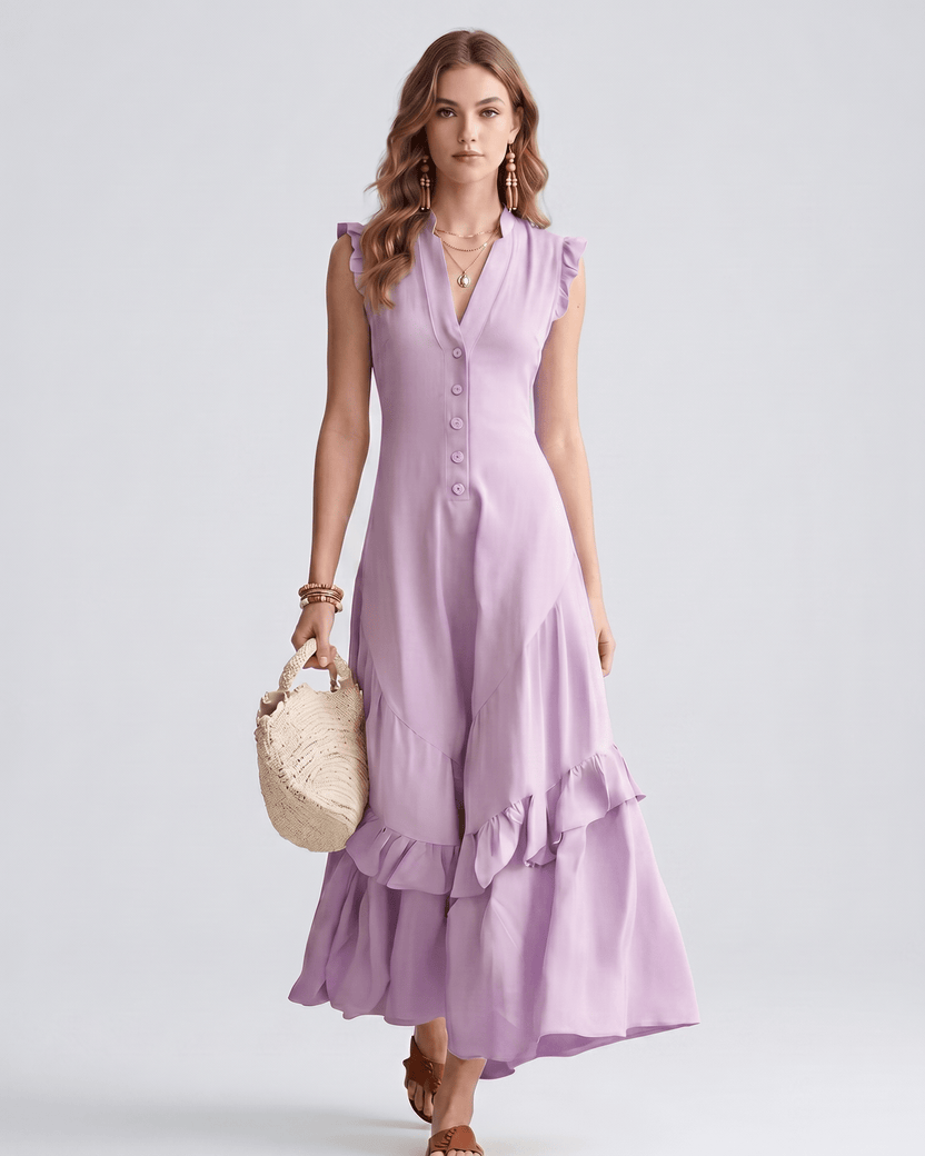 Seralyn Maxi Dress by Lauven — lilac chiffon blend sleeveless V-neck A-line maxi dress